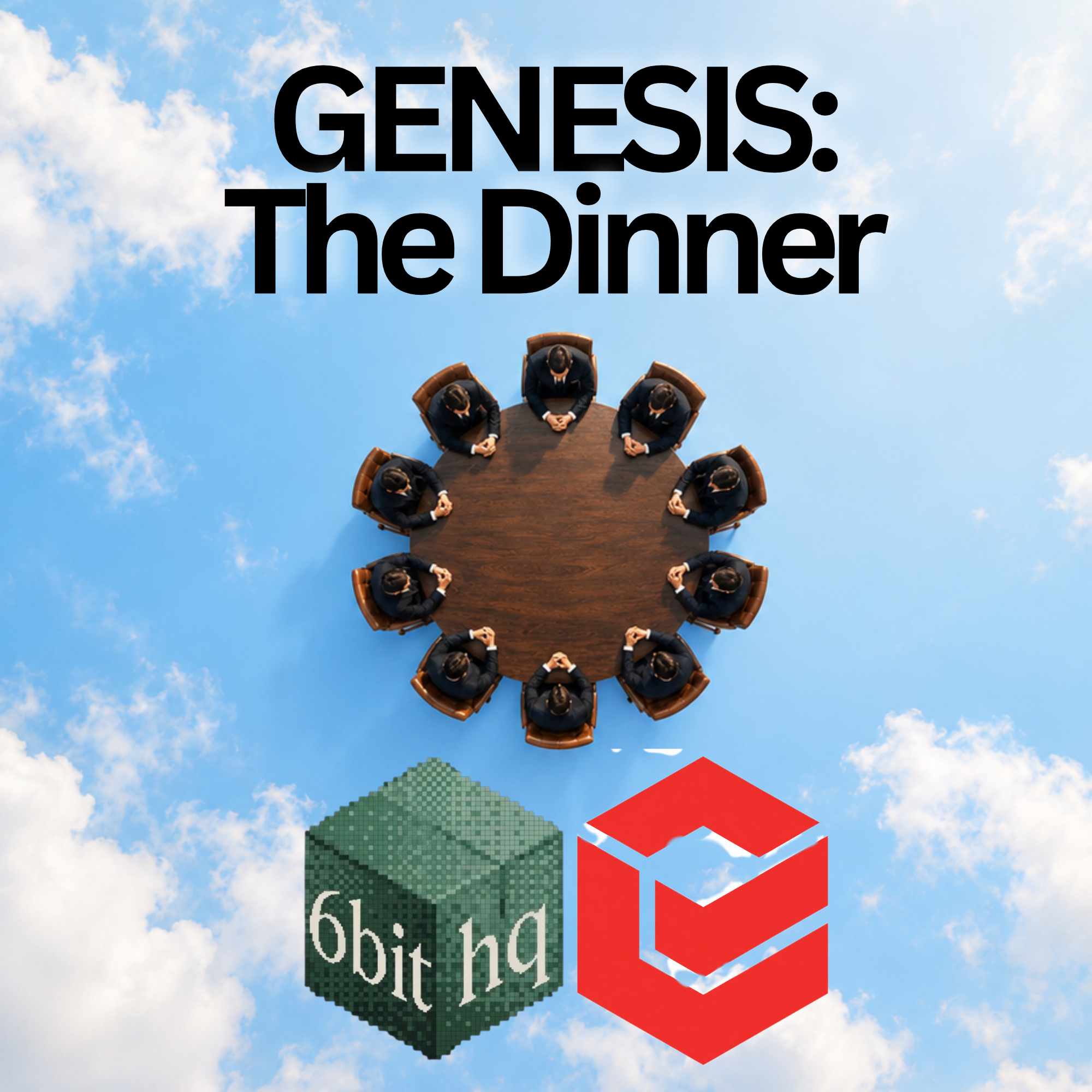 Genesis: The Dinner event poster featuring a round table, a blue sky, and the 6bit HQ and Invention Novelty marks